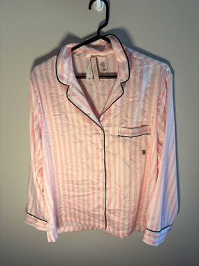 Victoria's Secret Pink & White Striped Satin Pajama Set with Black Piping